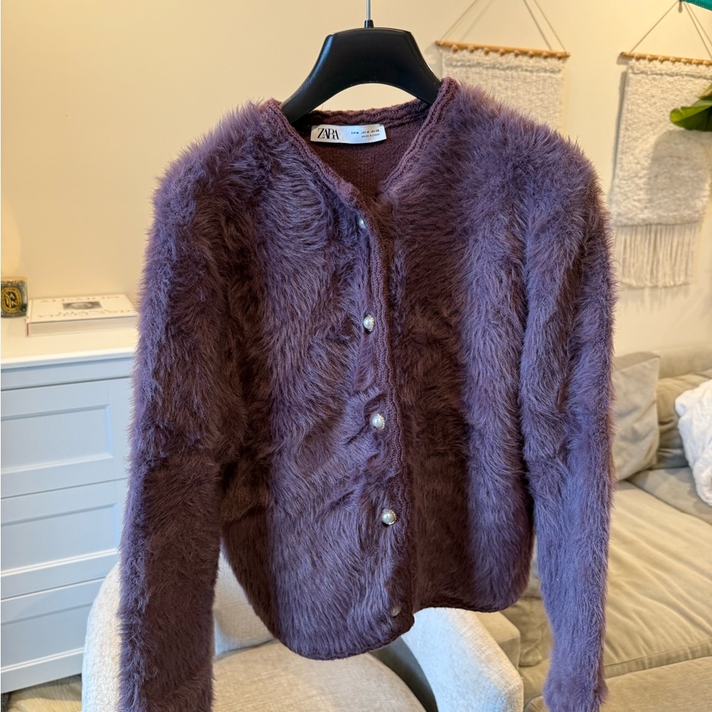 Zara Purple Faux Fur Fuzzy Cardigan M - Picture 9 of 14